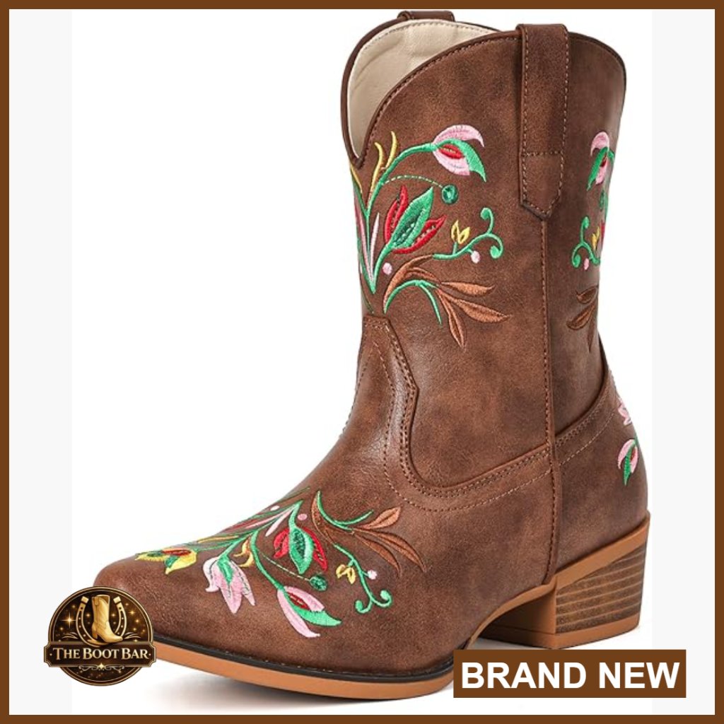 Western Cowboy Boots Flower Embroidered Snip Toe Chunky Heel Ankle Boots